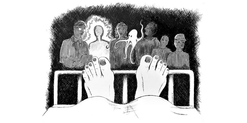 line drawing of feet in hospital bed