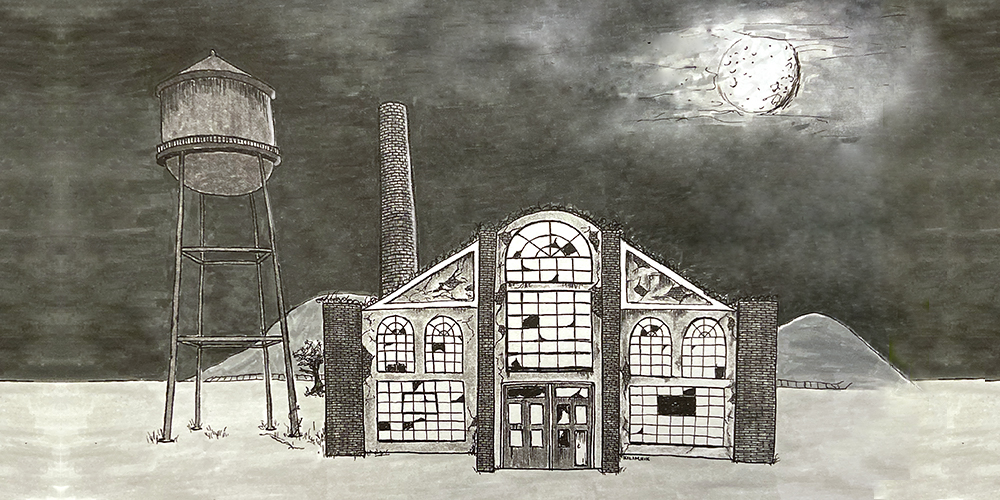 black and white drawing of an abandoned factory