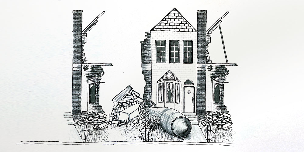 a drawing of a townhouse with an unexploded bomb