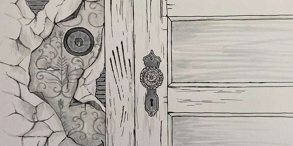 black and white drawing of a crystal doorknob