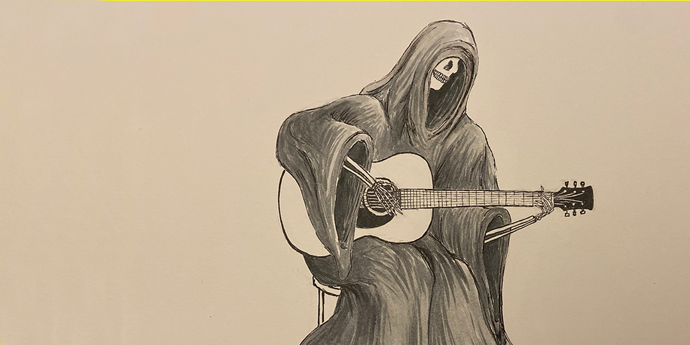 ink drawing of death playing a guitar