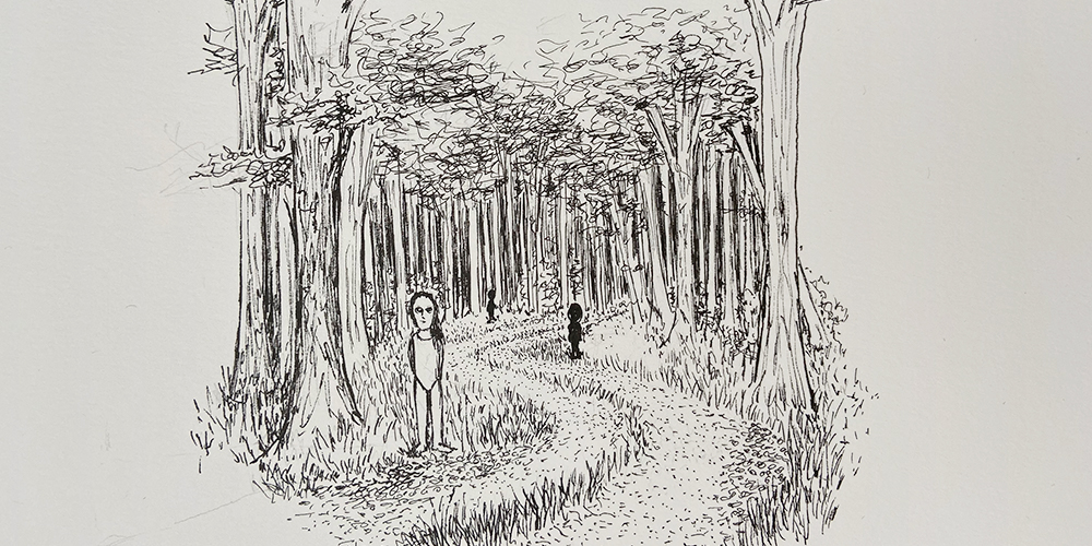 drawing of ghost children in the forest