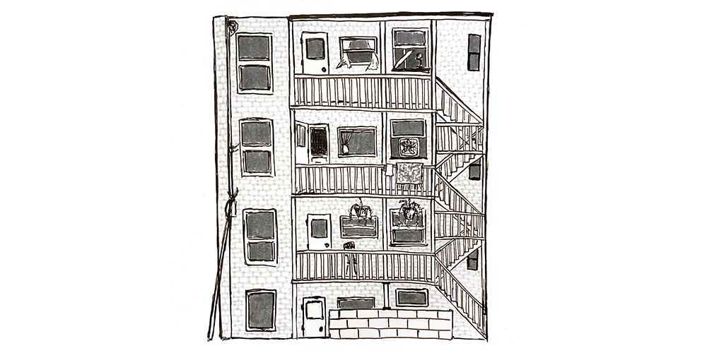 black and white illustration of the back of a Chicago apartment building