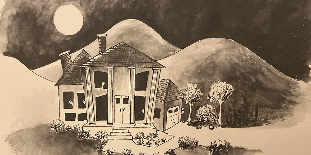 black and white watercolor of a haunted house