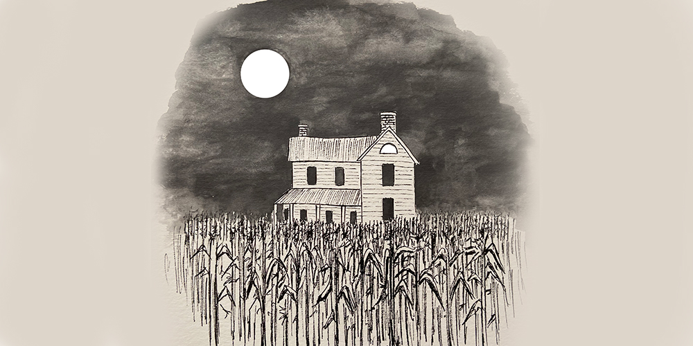 a drawing of a haunted farmhouse in an ominous cornfield