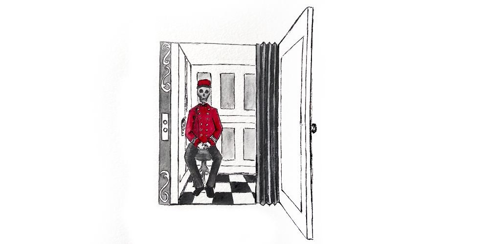 Drawing of a ghostly bellhop in an old elevator
