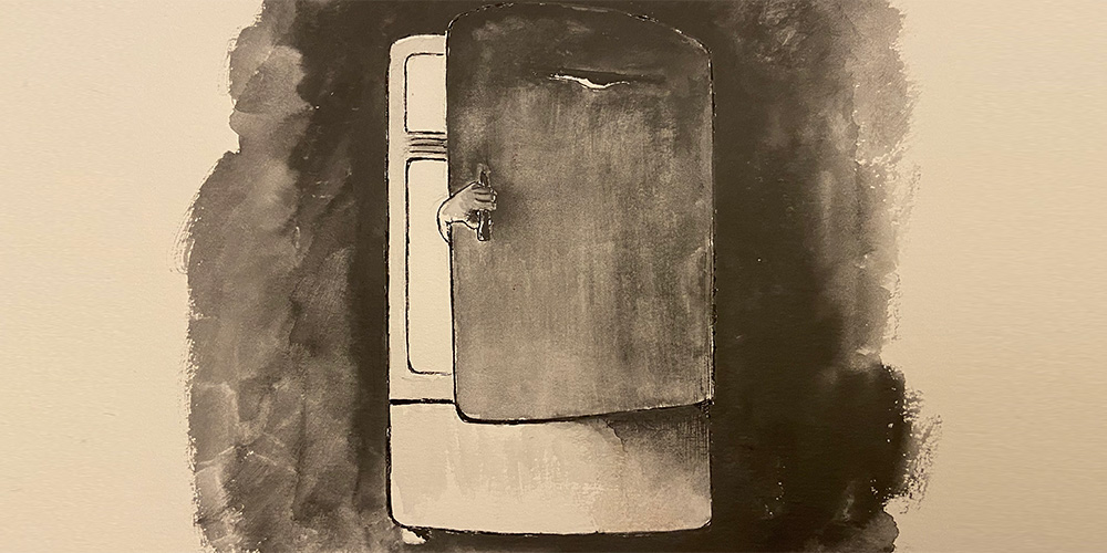 black and white painting of a haunted refrigerator