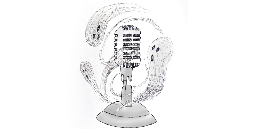 a drawing of a microphone surrounded by ghosts