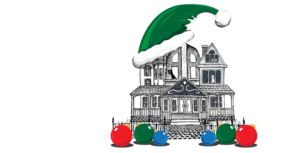 drawing of a haunted house with Christmas ornaments