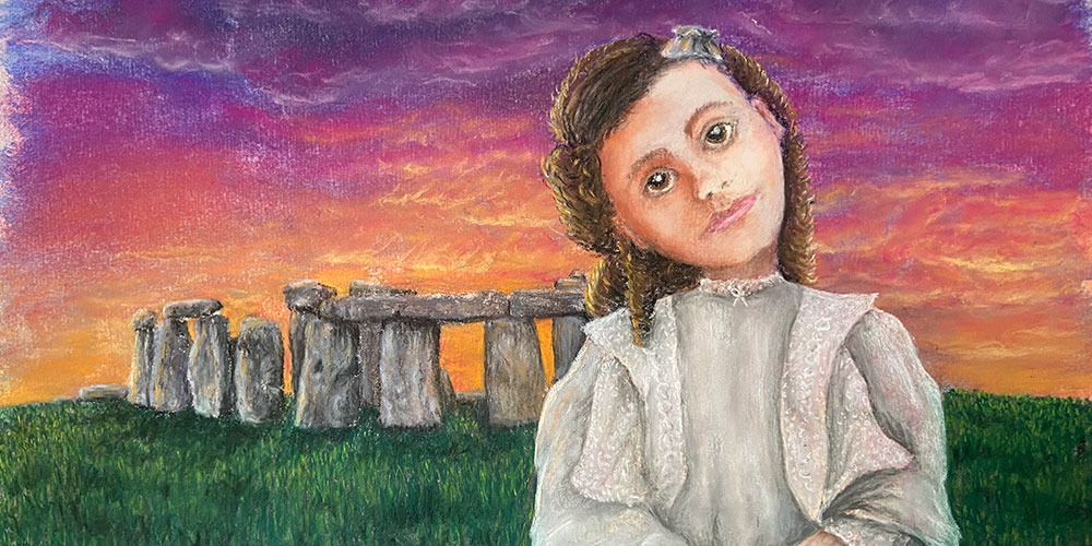 Oil pastel of Edwardian girl in front of Stonehenge at sunset