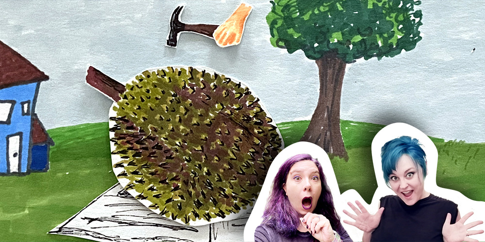 paranormal podcast hosts in front of drawing of durian