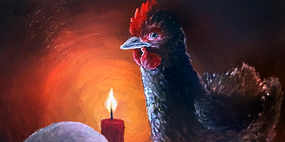 painting of chicken next to candle