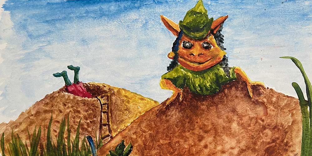 Watercolor of duwende peeking out of anthill