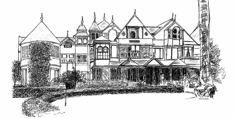 Becky's line drawing of the haunted Winchester Mystery House