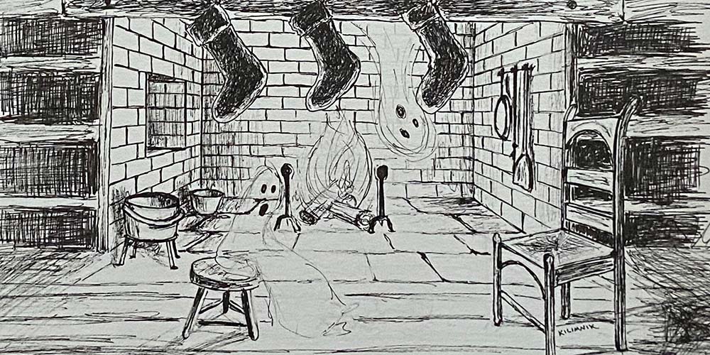 Why Christmas Ghost Stories? pen and ink drawing of ancient hearth