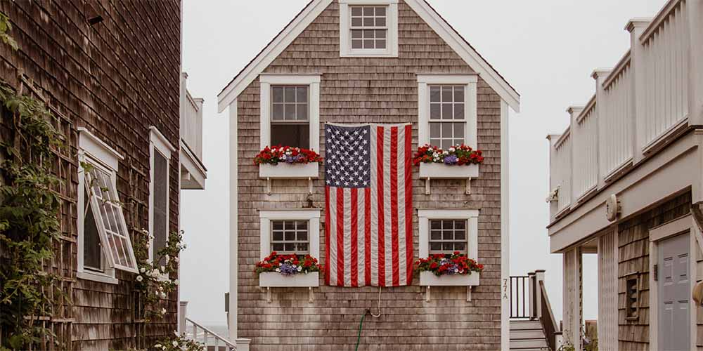 A house with an American flag in Massachusetts
