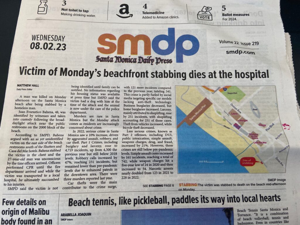 Front cover of the August second 2023 issue of the Santa Monica Daily Press, showing the location of a stabbing that happened just hours after Diana
