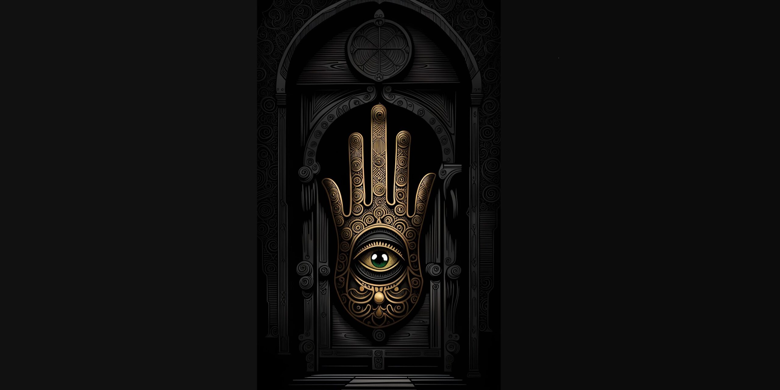 dark front door warded with gold hamsa hand