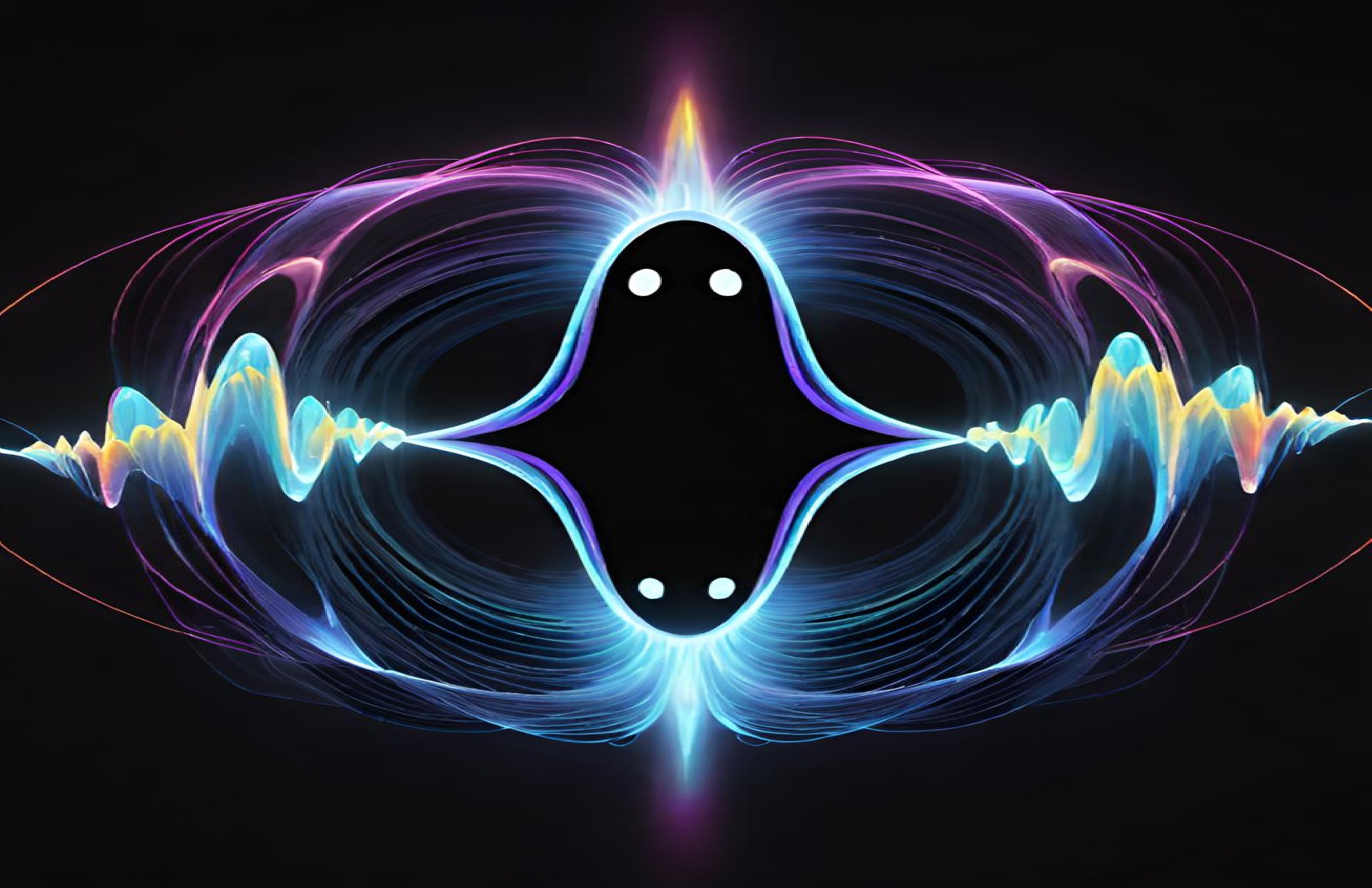 Artistic neon ghost-shaped audio waveform on black background