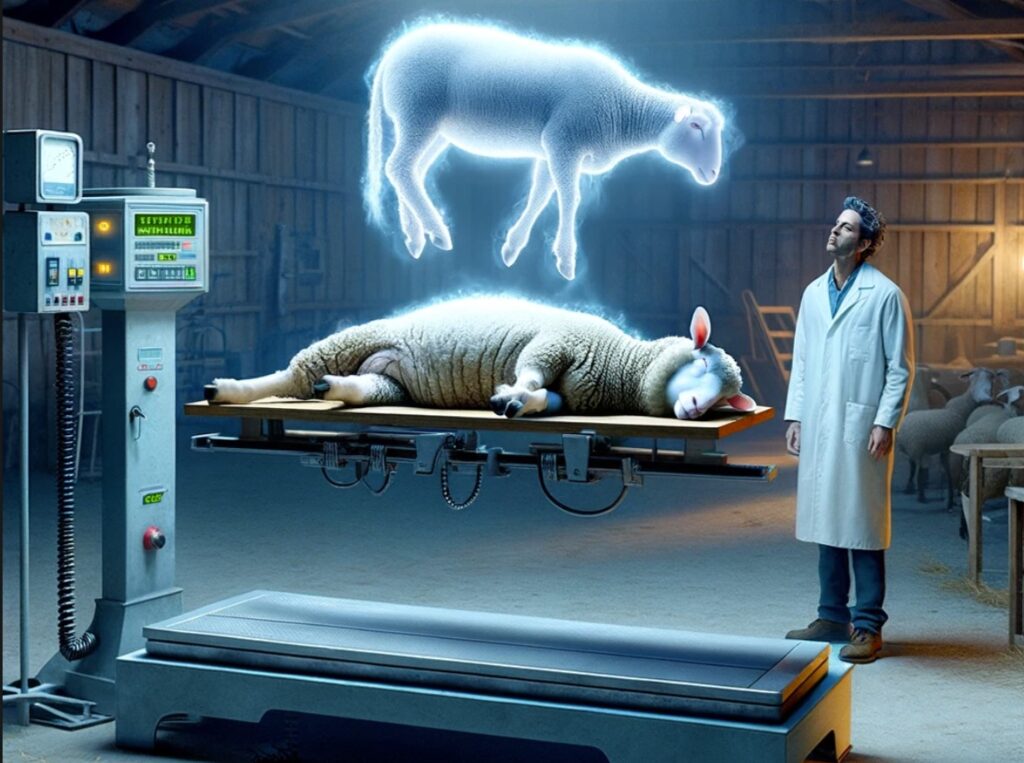 Artist's reimagining of what a sheep's soul would look like to the experimenter when it leaves the body in astral projection