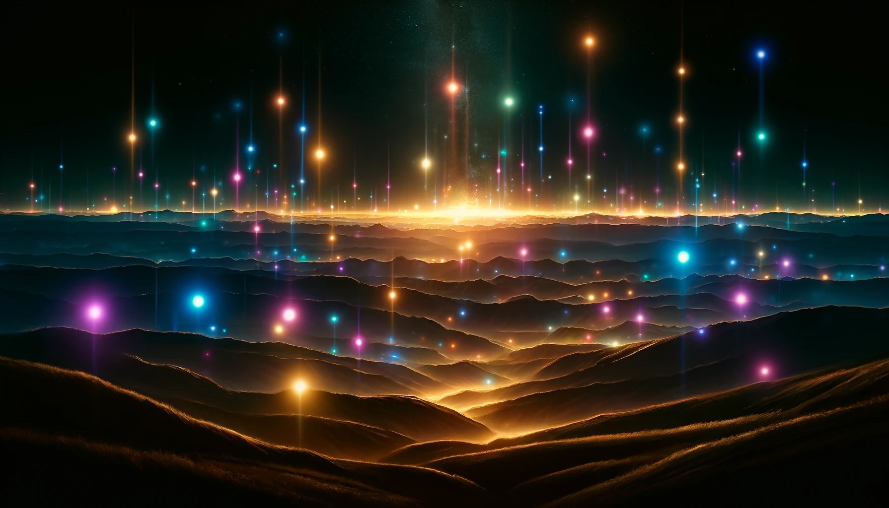 A mystical and enhanced rendition of the Brown Mountain Lights at night. The image showcases a range of vibrant, glowing orbs scattered across a panoramic landscape. These orbs emit a variety of colors and illuminate the night sky and the outlines of the rolling hills. The scene is devoid of any human-made light sources and bathed in a supernatural glow, emphasizing the enigmatic nature of the phenomenon.