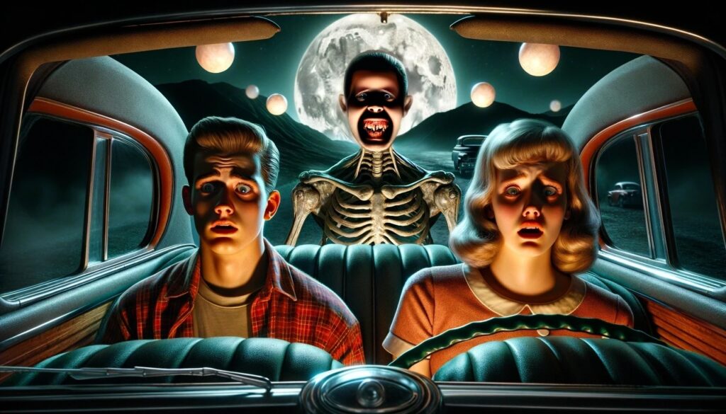 image of two scared teenagers in the front seat of a 1950s vehicle, with a creepy skeletal boogeyman behind the car. The background features the Brown mountain lights as glowing orbs.
