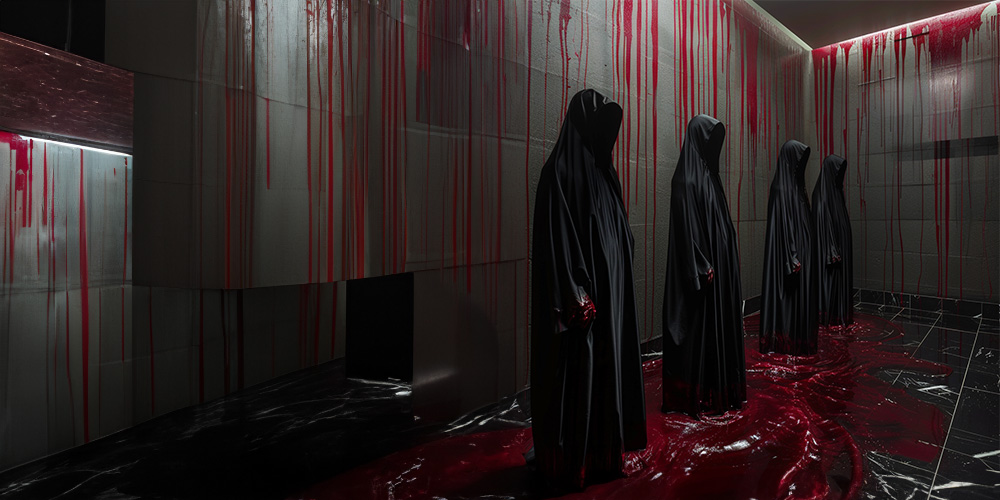 Four hooded figures in black cloaks stand in a dimly lit, modern room with blood-red liquid dripping from the walls and pooling on the floor. The eerie scene evokes the chilling presence of the Ghosts of Celebrities that act as Tammy's spirit guides, blending horror and mystery in a stark, unsettling atmosphere. The stark lighting and surreal setting enhance the macabre theme, making it a haunting representation of spectral celebrity lore.