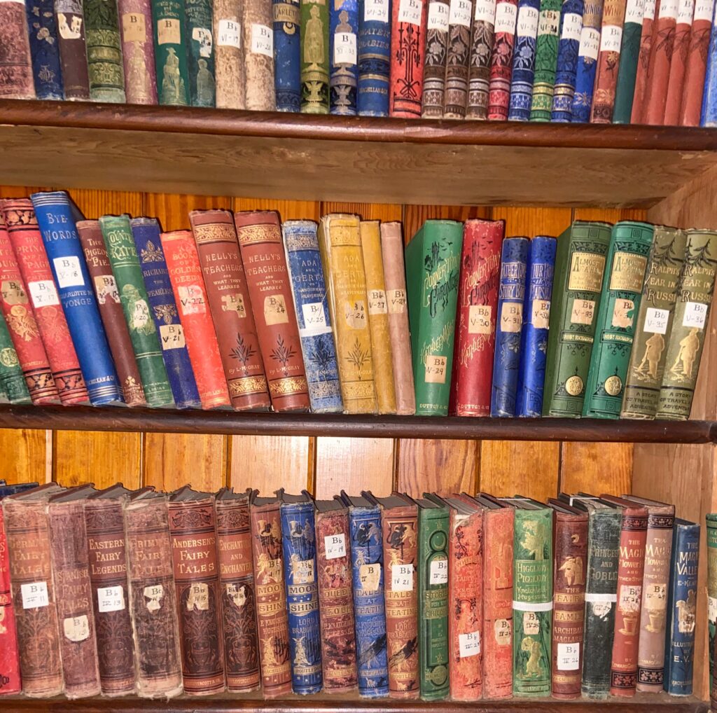 7000 Antique first edition books line the wood paneled shelves of the historic Town of Rugby library, a quaint and intriguing stop on our trip, showcasing a rich collection of colorful, aged spines with titles from classic literature and folklore.