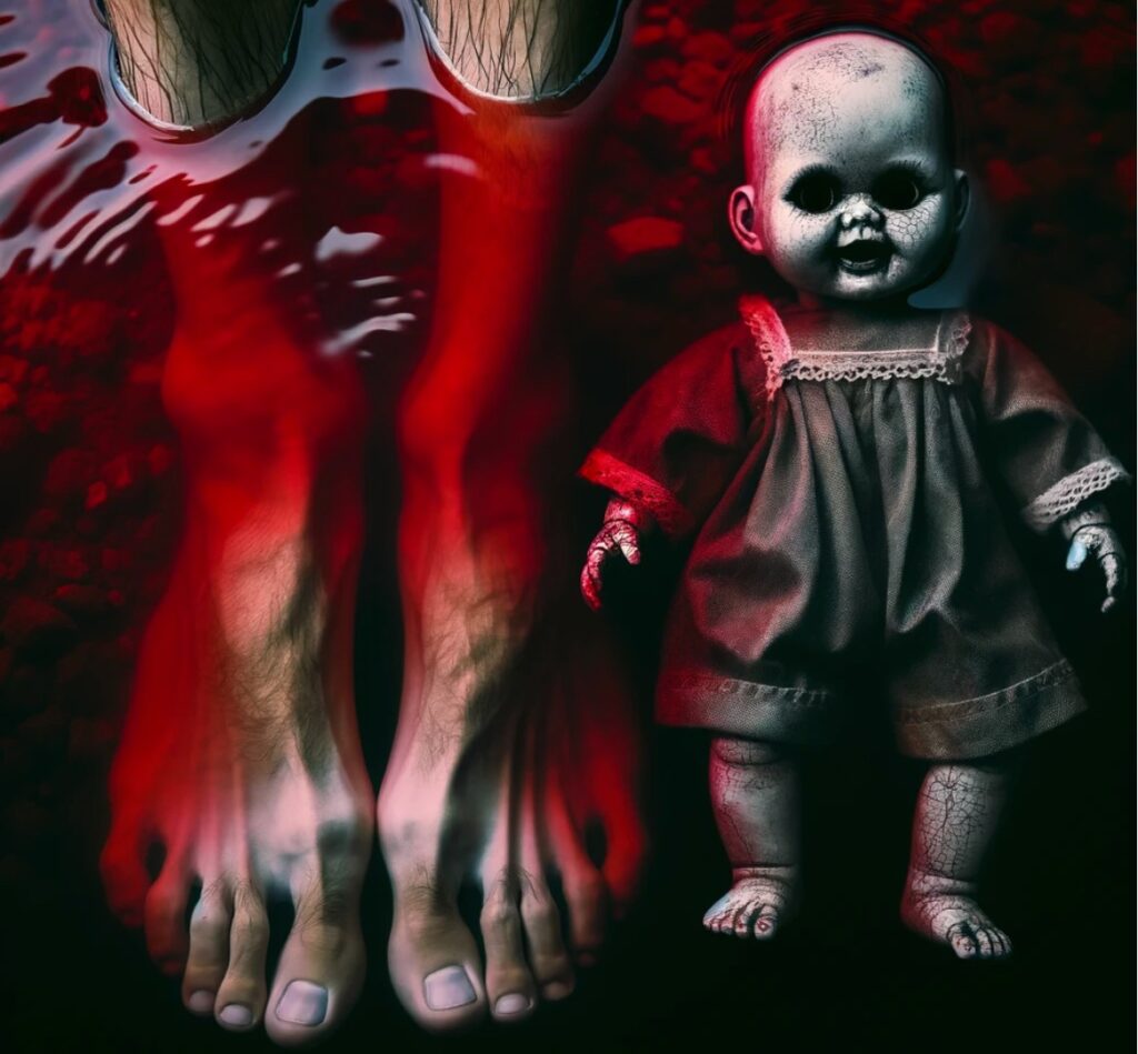 A photo showing a pair of human legs with feet in water, and an eerie, spooky baby doll in the scene. The water has a red tint, creating a sinister atmosphere. The baby doll should have an unsettling appearance, with pale, cracked skin, hollow eyes, and a menacing expression. The overall scene should evoke a sense of horror and unease.