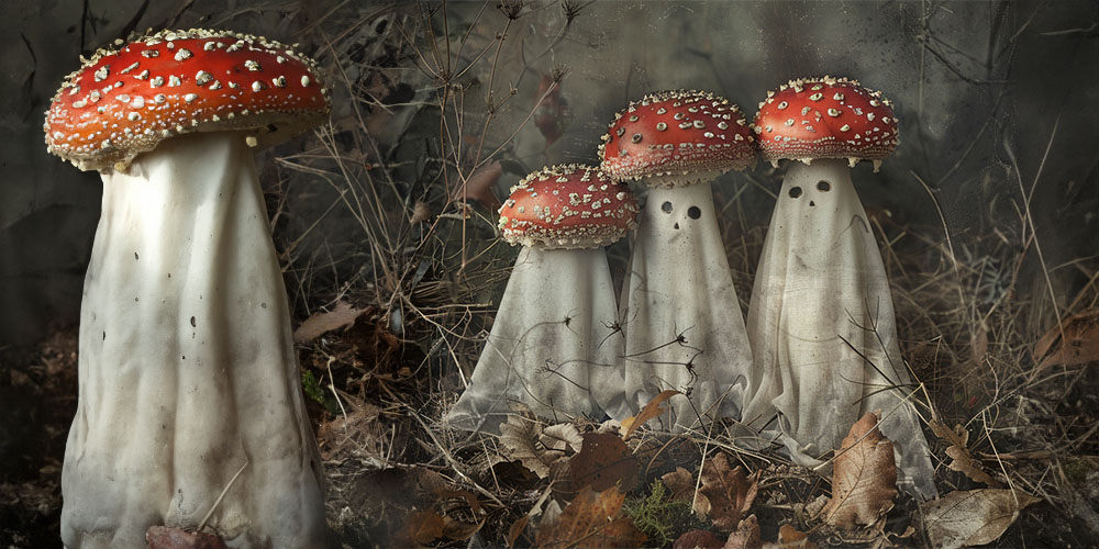 A group of red and white mushrooms in a forest setting, with three of them resembling ghostly figures draped in white sheets with eye holes. The background is filled with dried leaves and twigs, creating a mysterious and eerie atmosphere.