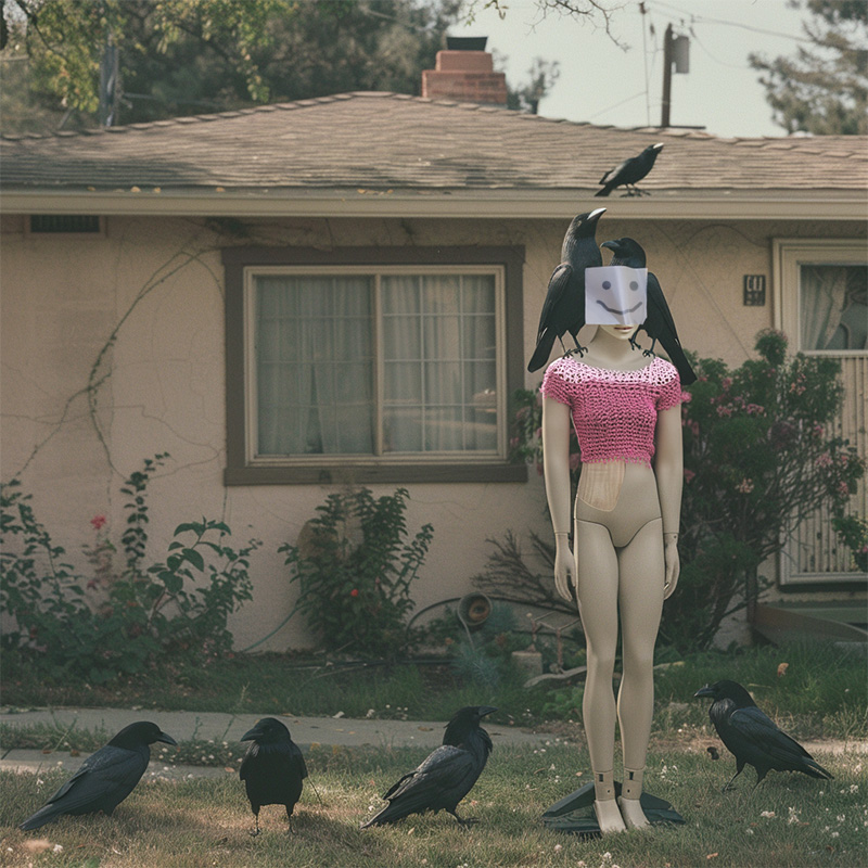 AI generated photo of a mannequin with face taped to head standing in yard in attempts to befriend crows, per crow folklore