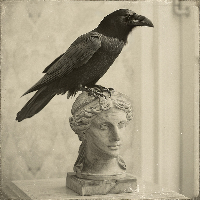 Old vintage photograph of a raven sitting on a bust of Pallas per the Poe poem "The Raven," just one part of raven and crow folklore in culture