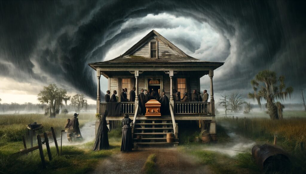 hurricane descending upon a funeral at an old wooden house. Mourners in traditional early 1900s attire are gathered. Dark, ominous clouds swirl in the sky, with heavy rain and wind starting to lash the area. The surrounding landscape includes cypress trees and swampy terrain, characteristic of southeastern Louisiana. The house looks weathered, with hanging moss and wooden beams, creating a tense atmosphere as the storm rapidly approaches.