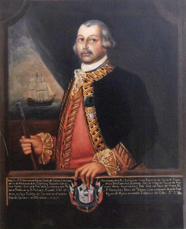 The painting depicts Bernardo de Gálvez, a Spanish military leader, in formal attire adorned with elaborate gold embroidery. He holds a baton in his right hand, and a sailing ship is visible in the background to the left. Below the portrait, there's a detailed inscription along with a coat of arms.