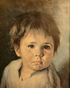 The painting by Giovanni Bragolin shows a young boy with tousled hair and large, sorrowful eyes. A single tear runs down his cheek, highlighting his expression of sadness. The background is dark and muted, focusing attention on the boy's emotional face.