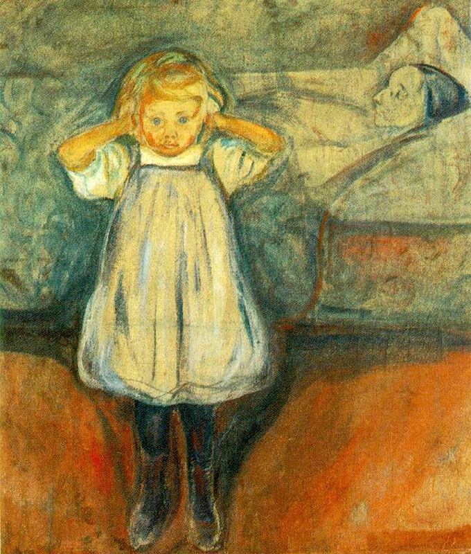 The painting "Death and the Child" by Edvard Munch depicts a young girl in a white dress, covering her ears, standing in the foreground. Behind her lies a figure in a bed, possibly representing death. The artwork uses muted colors and an expressive style to convey a sense of sorrow and distress.