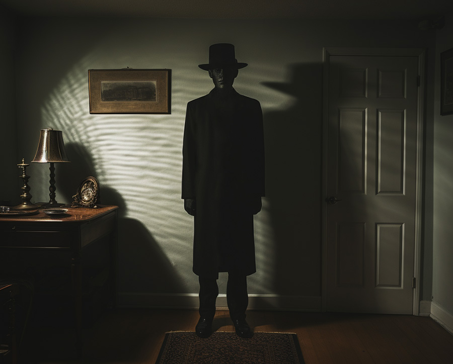 The Hat Man often appears in a darkened room and wheres a hat and overcoat