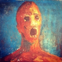 Cursed portrait painted in the artist's own blood. a humanoid figure who seems to have no features except gaping holes where his eyes and mouth should be, possibly has no skin, definitely has no hair, depicted moaning into the void on a teal background. 