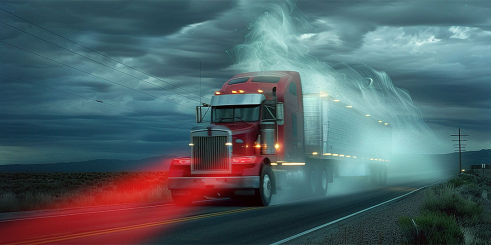 A large red diesel semi-truck that just left the garage is speeding down a desolate highway at night, surrounded by an eerie, ghostly mist. The dark, stormy sky and blurred motion of the truck's glowing red headlights enhance the supernatural atmosphere.