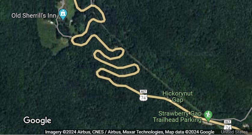 A screenshot from Google Maps of the road from Asheville to Chimney Rock. It's not clear why it backtracks so much, but once you drive it you'll understand.