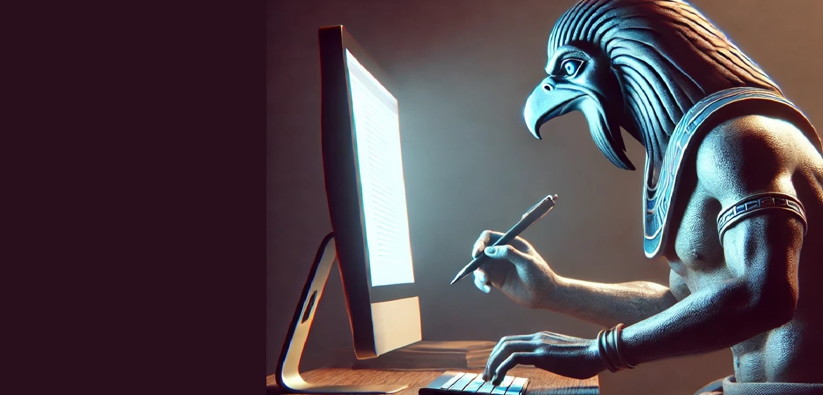 shamanic figure with the head of a bird, reminiscent of an Egyptian god, seated at a wooden desk and engaging in automatic writing on a modern computer. The figure holds a stylus in one hand and types on a keyboard with the other, illuminated by the screen's light.