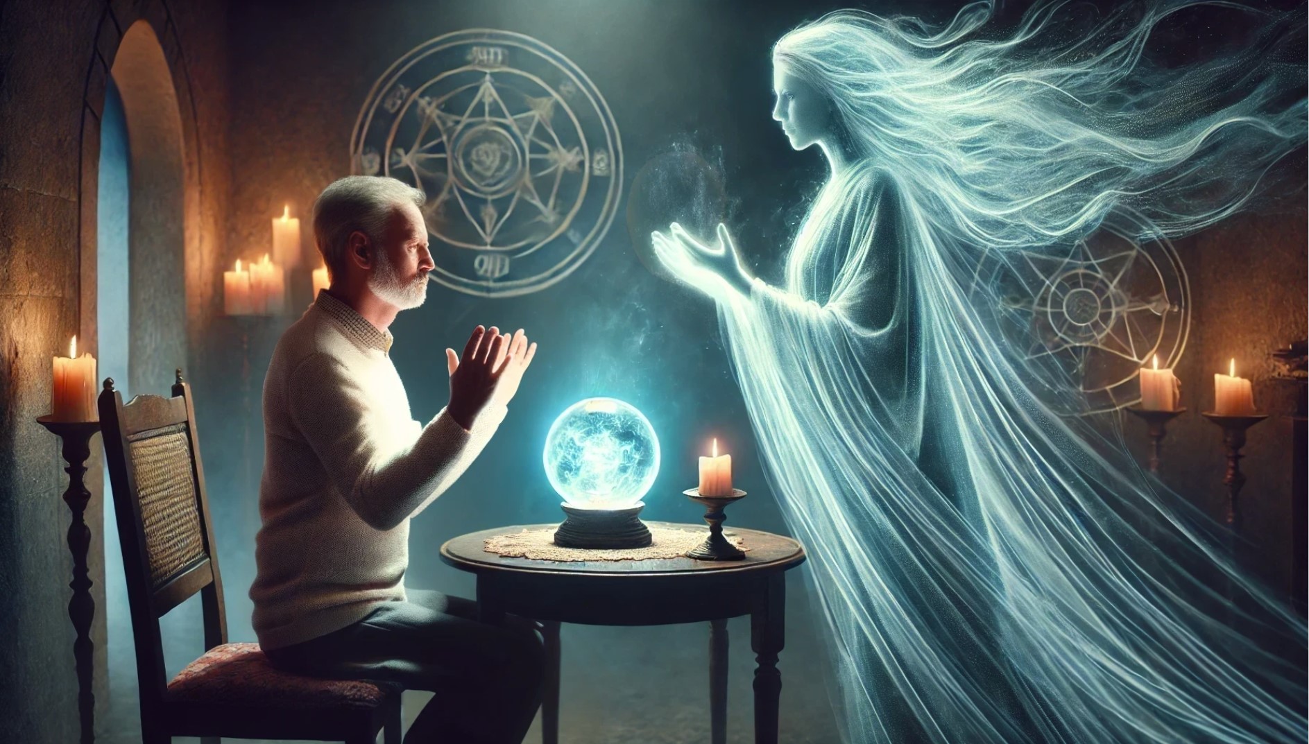 A mystical scene featuring a white man with short gray hair and a beard, seated at a table in a dimly lit room. His hands hover above a glowing crystal ball, while a semi-transparent feminine spirit with a soft blue glow materializes across from him. The spirit has a human-like face with clear, calm features. The room is filled with arcane symbols and flickering candles, creating a mysterious and ethereal atmosphere.