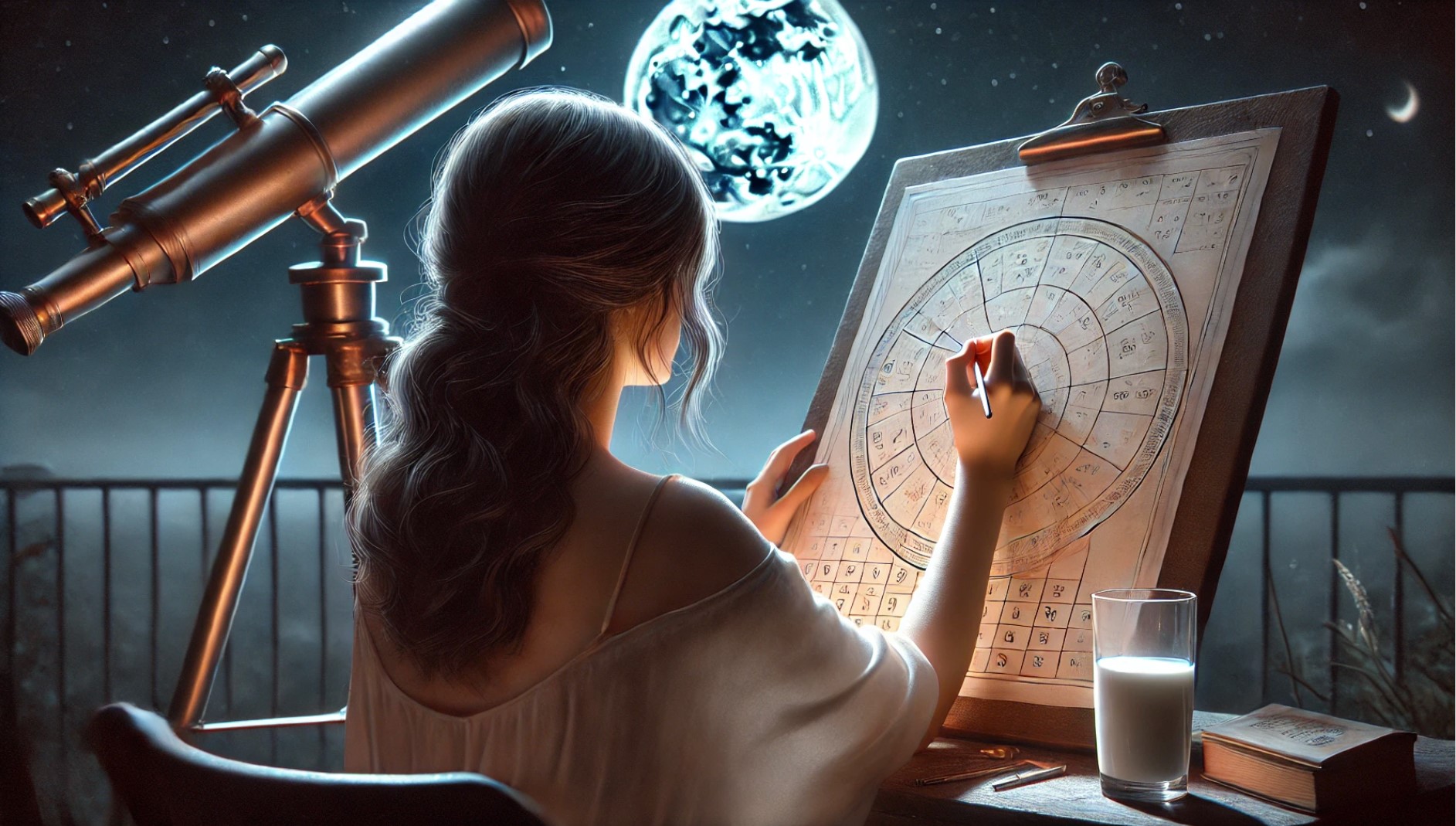 The image depicts a woman with long dark hair, viewed from behind, as she writes on an astrology chart. The scene is outdoors at night, with a telescope pointing toward the sky and a full moon illuminating the surroundings. A glass of milk sits on a small table next to the chart. The focus is on the chart and her activity, with the telescope and moon providing context to her stargazing and astrological work. The overall atmosphere is calm and serene.