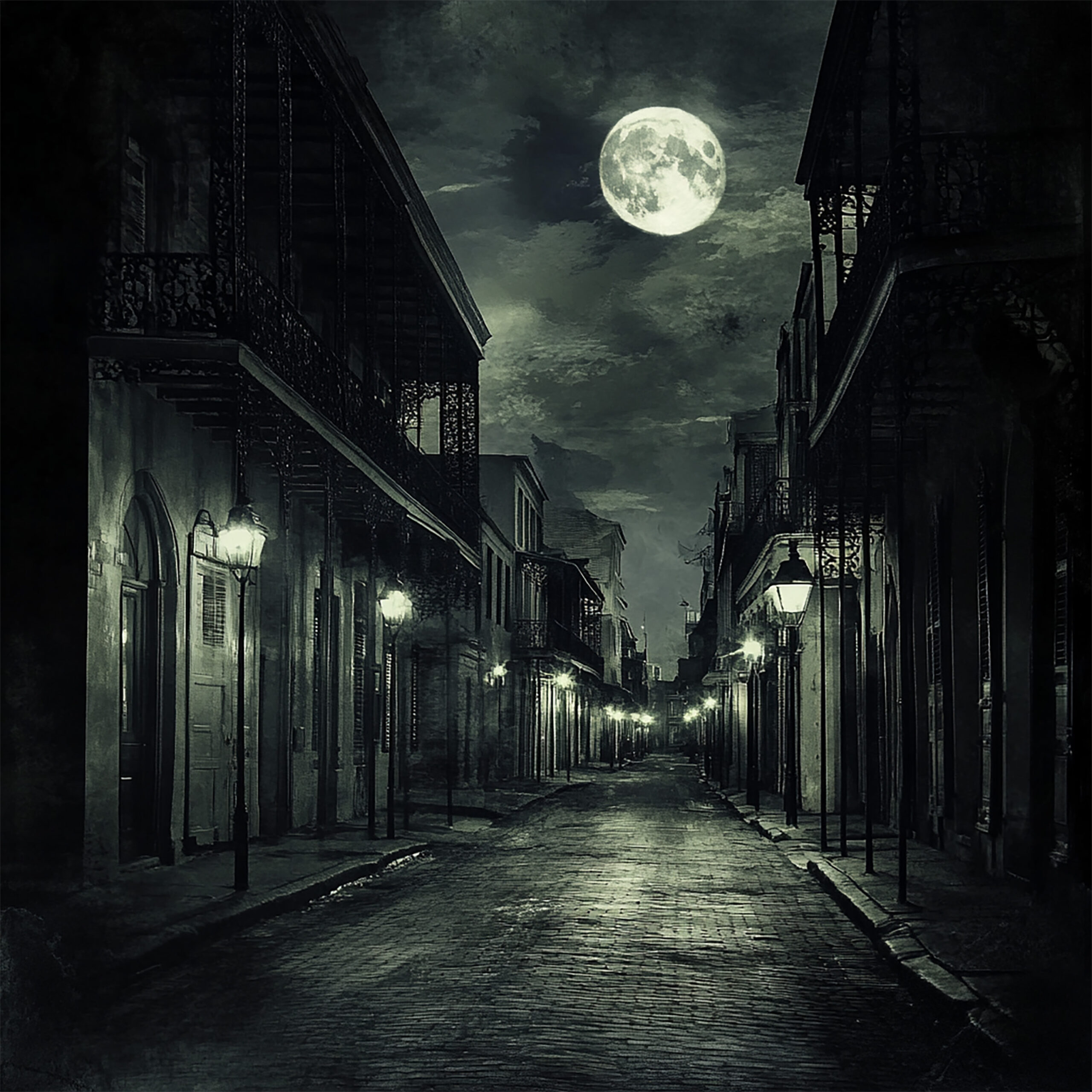 This image depicts a narrow, dimly lit street lined with historic buildings, illuminated by vintage-style street lamps. The atmosphere is eerie, with a large, full moon casting a soft glow through the cloudy night sky. The scene feels haunting and mysterious, evoking a sense of isolation and stillness.