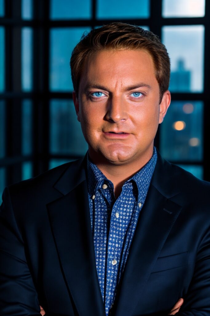 TV producer of Life Among the Dead with psychic medium Lisa Williams, Ray Brune, posing in a dark suit and patterned shirt, with short brown hair and striking blue eyes, standing in front of a cityscape backdrop with soft lighting through large windows.