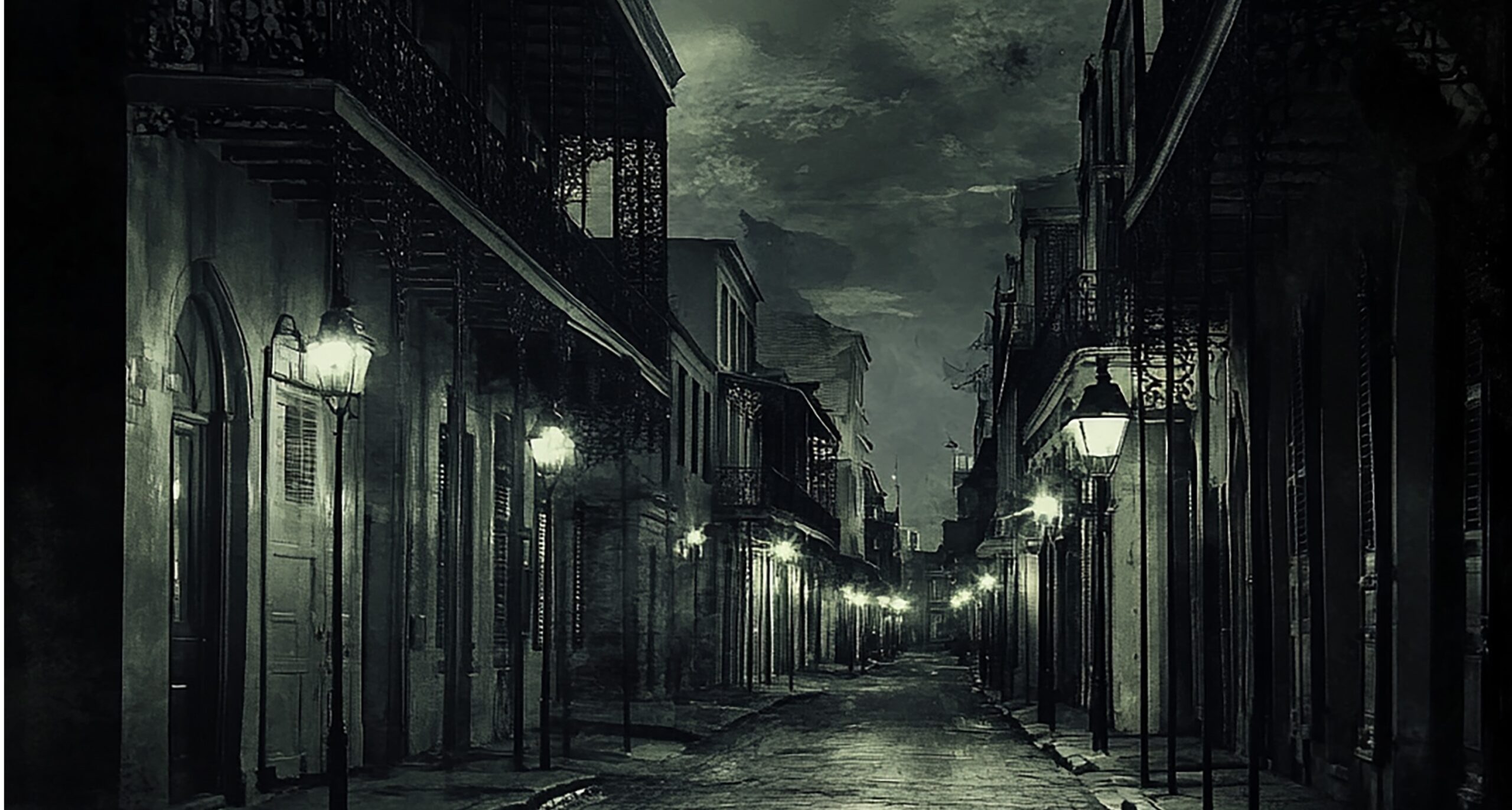 This image depicts a narrow, dimly lit street lined with historic buildings, illuminated by vintage-style street lamps. The atmosphere is eerie, with a large, full moon casting a soft glow through the cloudy night sky. The scene feels haunting and mysterious, evoking a sense of isolation and stillness.