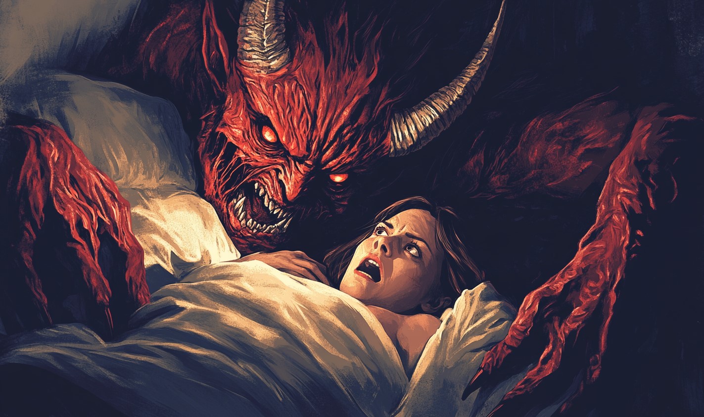 This image shows a surreal, nightmarish scene of a woman lying in bed with a terrified expression as a monstrous, red-skinned, horned demon hovers over her, mouth open in a menacing snarl. The dark, eerie atmosphere and close proximity of the demon to the woman convey a vivid portrayal of fear, often associated with the experience of sleep paralysis. The contrasting colors and exaggerated details emphasize the intensity of the horror in the scene.