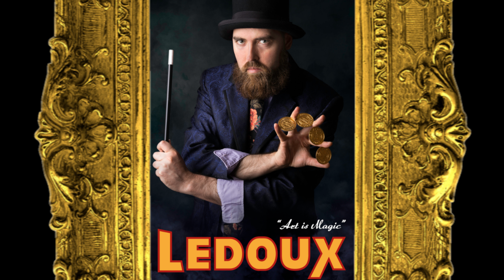 a closeup of Joe LeDoux, magical artist, within a gold gilt frame.