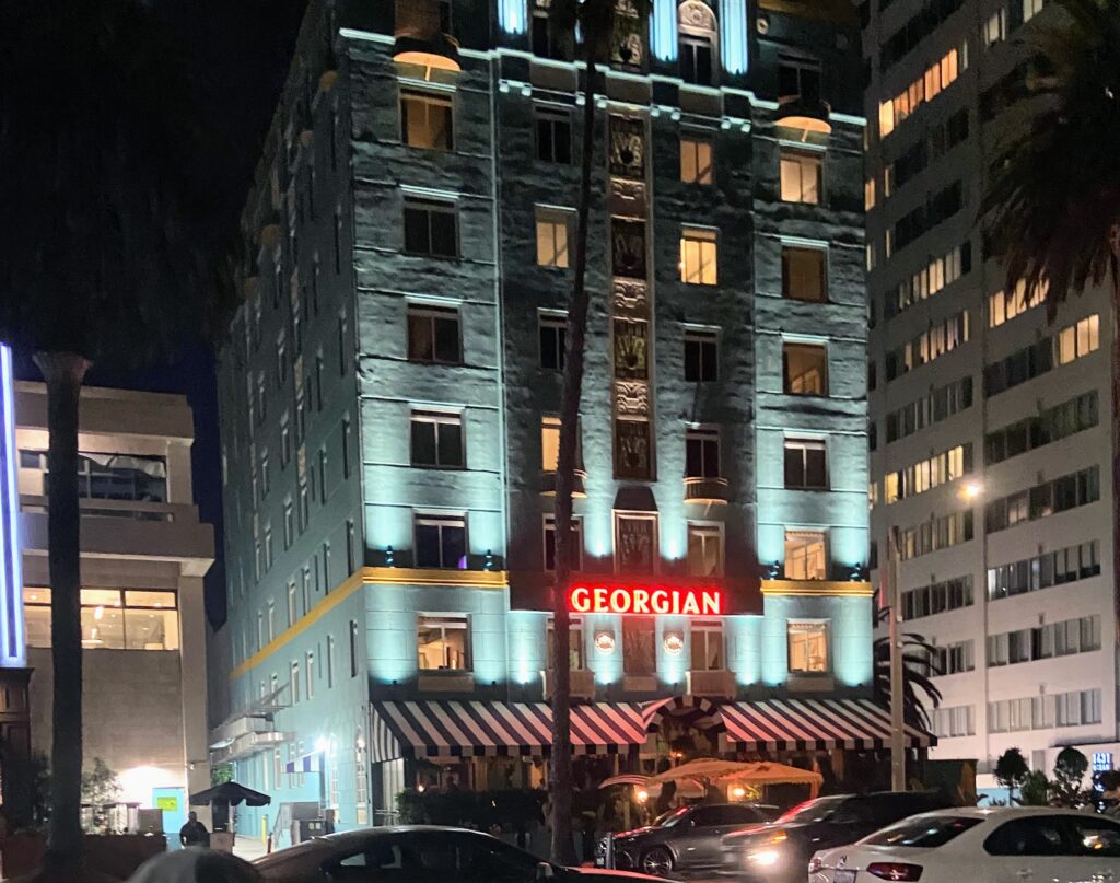 the Georgian Hotel in Santa Monica, CA, looms tall and eerie in the night.