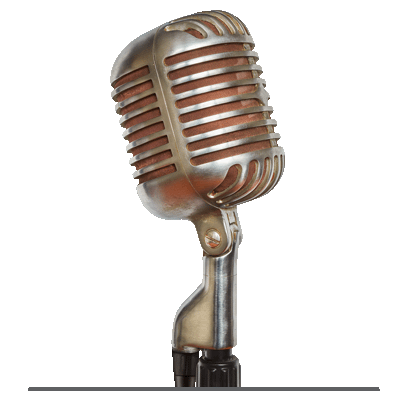 an antique microphone; come on the show or collaborate with our podcast in other ways